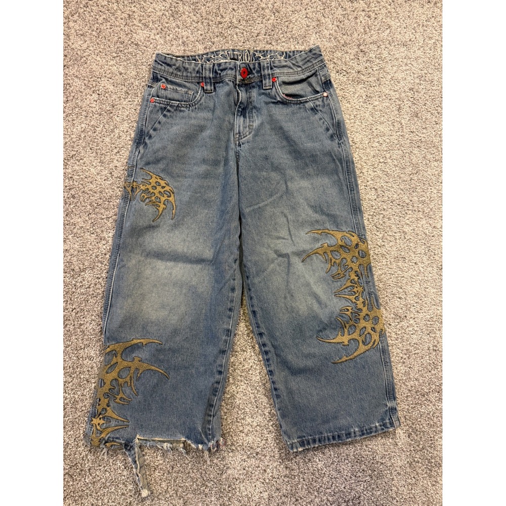 Vitriol Jean Kids 24 Blue Tribal Gold Embroidery Wide Leg Distressed Streetwear*